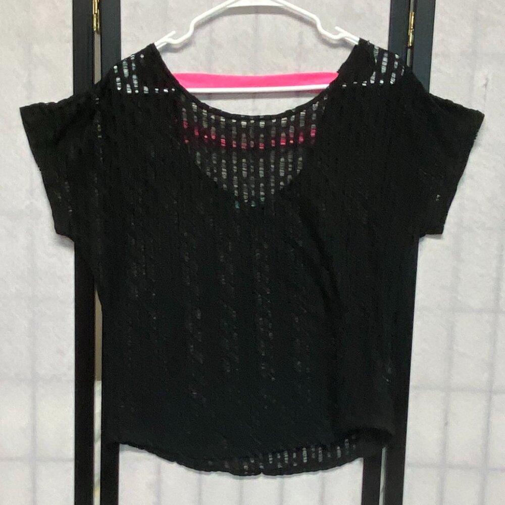 Maurices L Black Pink Openwork Dolman Deep V Ladder Back Crop Top Coverup